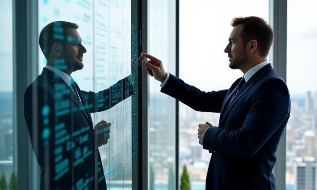 Professional risk management consultants discussing data on a screen