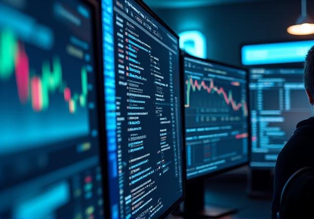 Data-driven trading terminal screens showing Python code and market charts